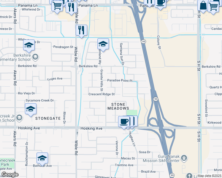 map of restaurants, bars, coffee shops, grocery stores, and more near 2815 Granite Ridge Place in Bakersfield