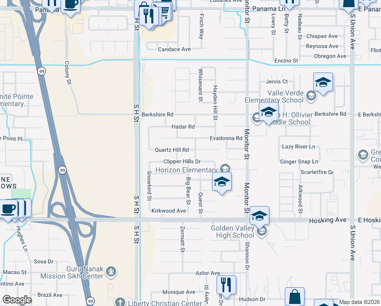 map of restaurants, bars, coffee shops, grocery stores, and more near 1215 Quartz Hill Road in Bakersfield