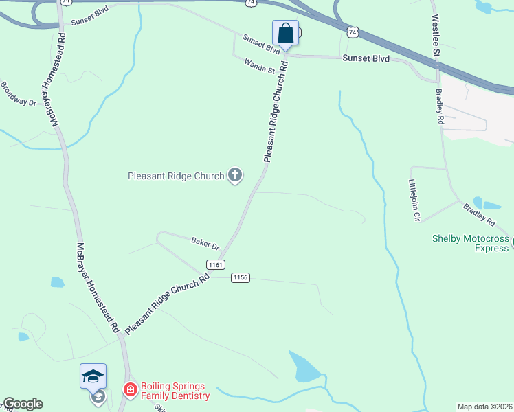 map of restaurants, bars, coffee shops, grocery stores, and more near 203 Pleasant Ridge Church Road in Shelby