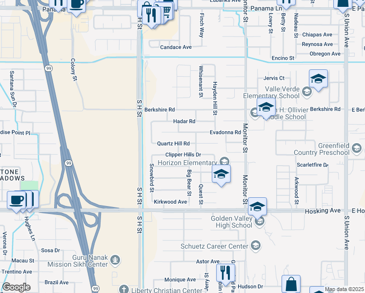 map of restaurants, bars, coffee shops, grocery stores, and more near 1321 Quartz Hill Road in Bakersfield