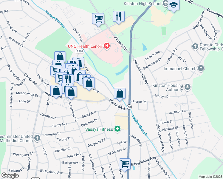 map of restaurants, bars, coffee shops, grocery stores, and more near 418 Darby Avenue in Kinston