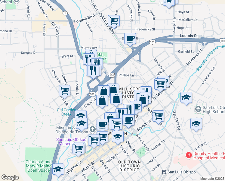 map of restaurants, bars, coffee shops, grocery stores, and more near 1139 Walnut Street in San Luis Obispo