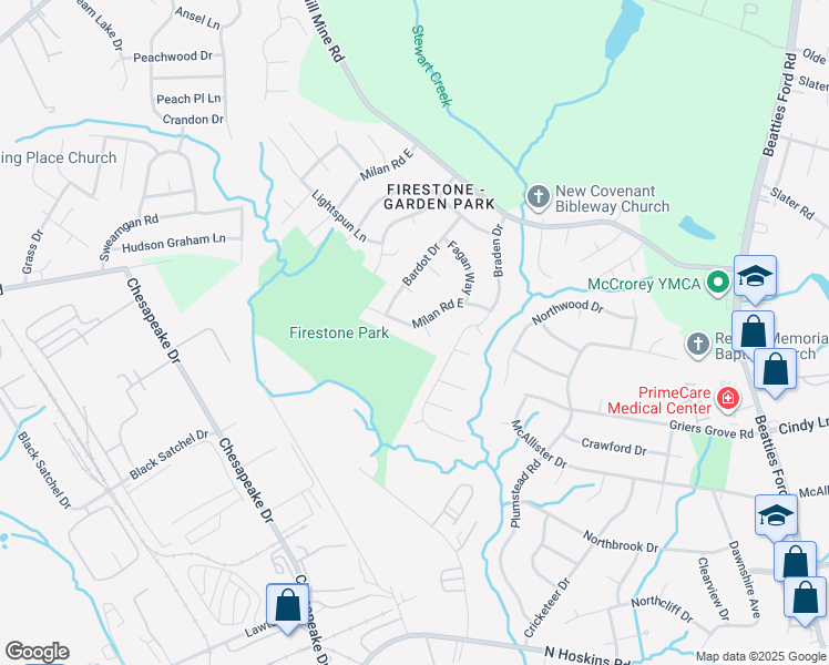 map of restaurants, bars, coffee shops, grocery stores, and more near 709 Milan Road East in Charlotte