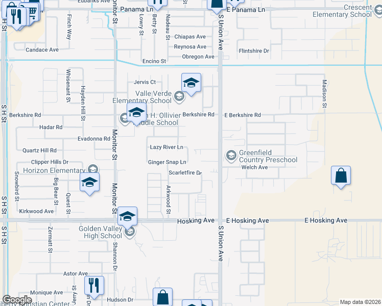 map of restaurants, bars, coffee shops, grocery stores, and more near 7610 China Doll Lane in Bakersfield