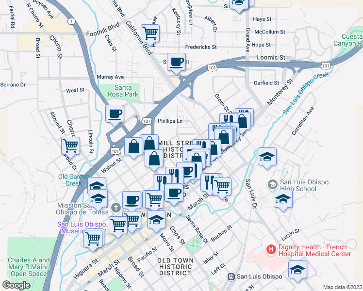 map of restaurants, bars, coffee shops, grocery stores, and more near in San Luis Obispo