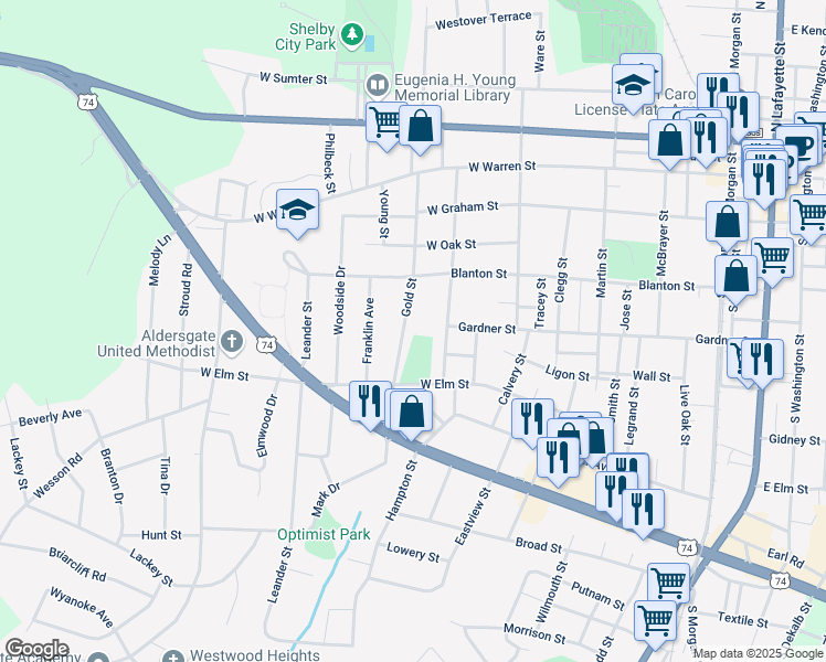 map of restaurants, bars, coffee shops, grocery stores, and more near 504 Gold Street in Shelby