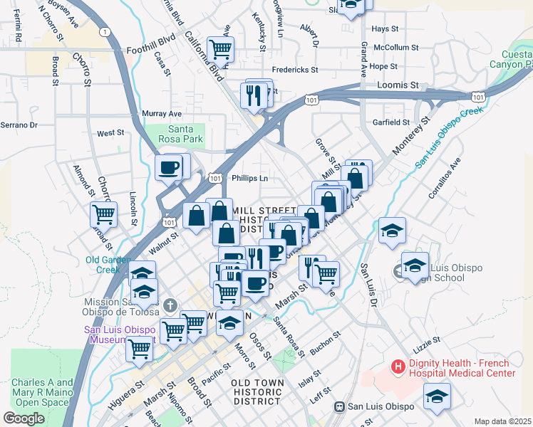 map of restaurants, bars, coffee shops, grocery stores, and more near 1266 Mill Street in San Luis Obispo
