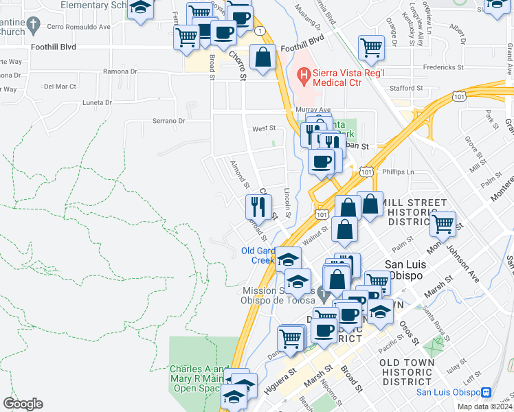 map of restaurants, bars, coffee shops, grocery stores, and more near 750 Mountain View Street in San Luis Obispo