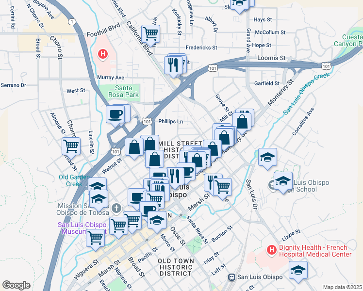 map of restaurants, bars, coffee shops, grocery stores, and more near 1266 Mill Street in San Luis Obispo