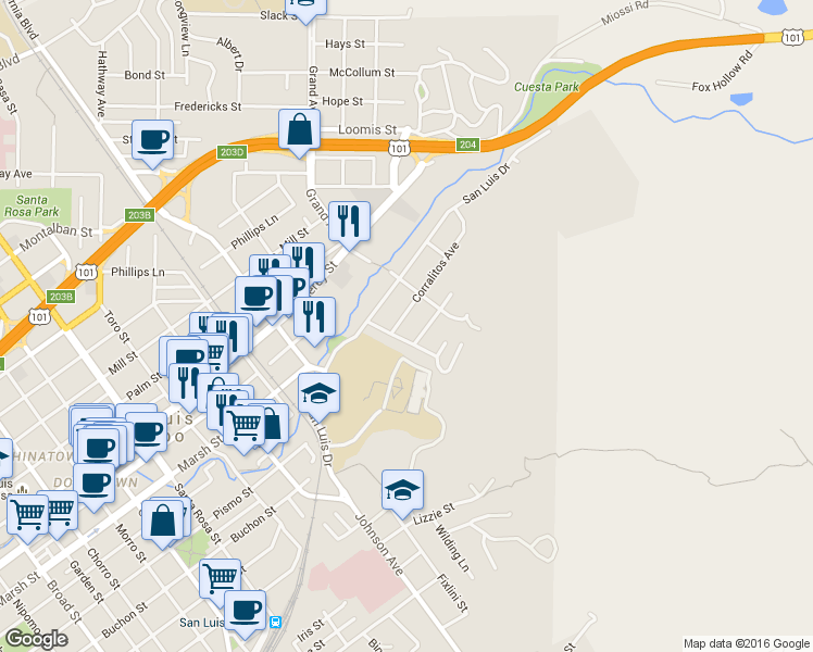 map of restaurants, bars, coffee shops, grocery stores, and more near 1727 Corralitos Avenue in San Luis Obispo