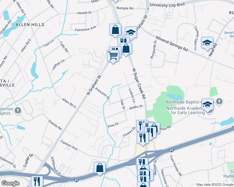 map of restaurants, bars, coffee shops, grocery stores, and more near 1723 Oak Street in Charlotte