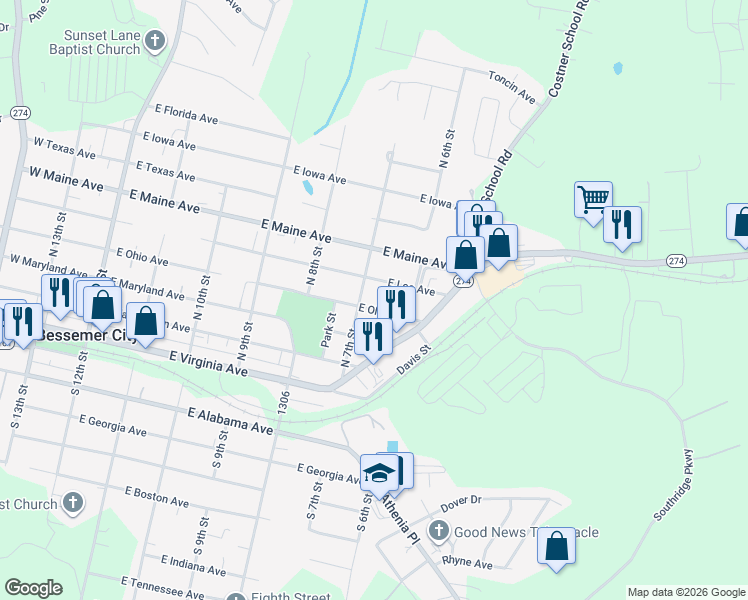 map of restaurants, bars, coffee shops, grocery stores, and more near 603 E Ohio Ave in Bessemer City