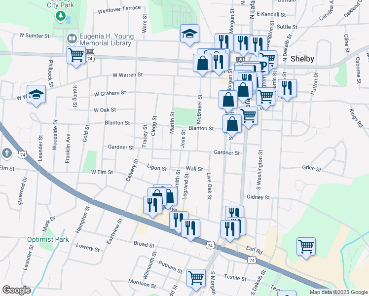 map of restaurants, bars, coffee shops, grocery stores, and more near 414 Gardner St in Shelby