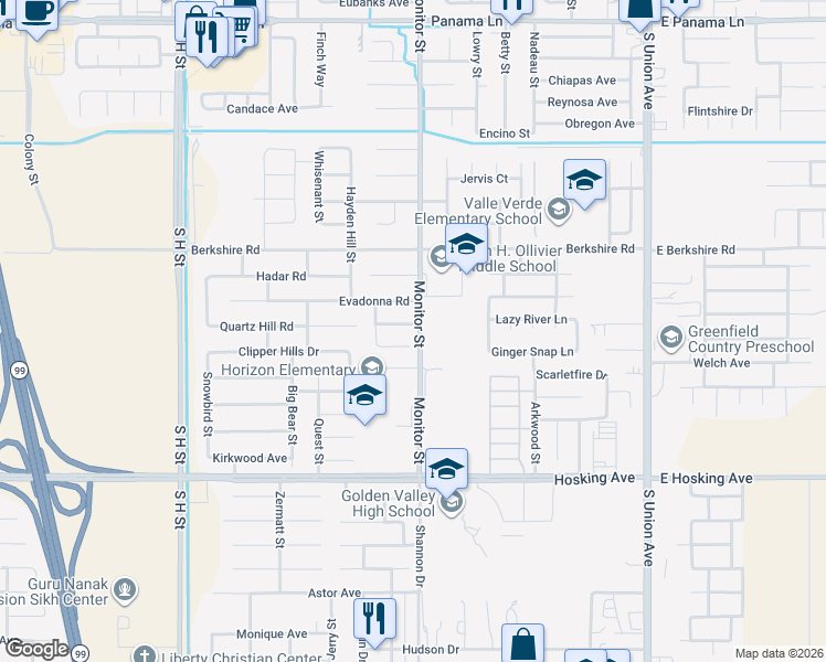 map of restaurants, bars, coffee shops, grocery stores, and more near 901 Olson Avenue in Bakersfield