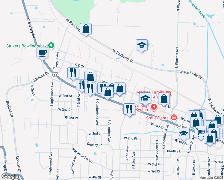 map of restaurants, bars, coffee shops, grocery stores, and more near 2401 West C Street in Russellville