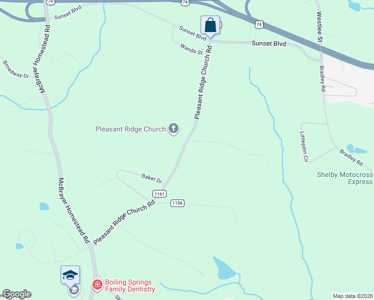 map of restaurants, bars, coffee shops, grocery stores, and more near 203 Pleasant Ridge Church Road in Shelby