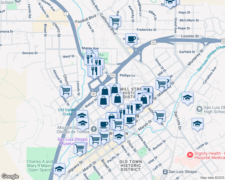 map of restaurants, bars, coffee shops, grocery stores, and more near 1131 Walnut Street in San Luis Obispo