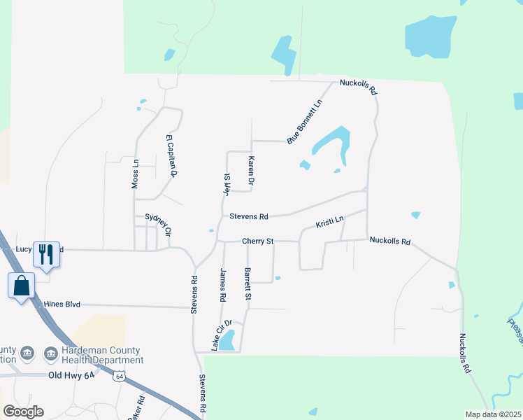 map of restaurants, bars, coffee shops, grocery stores, and more near 417 Stevens Road in Bolivar
