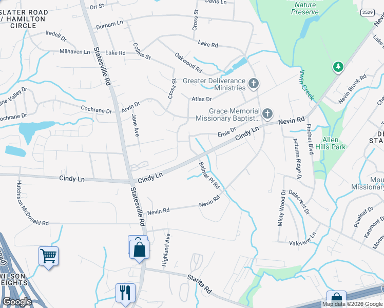 map of restaurants, bars, coffee shops, grocery stores, and more near 4733 Belmar Place Road in Charlotte