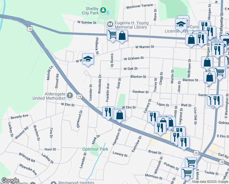 map of restaurants, bars, coffee shops, grocery stores, and more near 504 Gold Street in Shelby