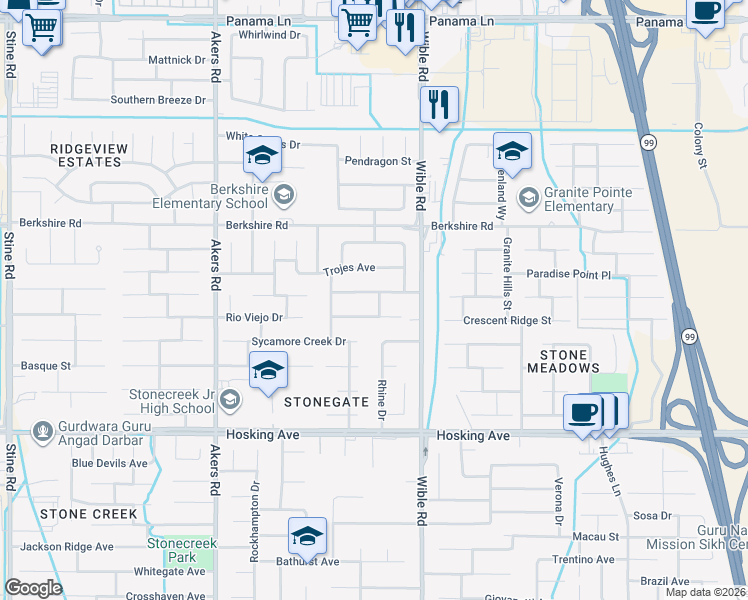 map of restaurants, bars, coffee shops, grocery stores, and more near 3409 Medallion Rose Avenue in Bakersfield
