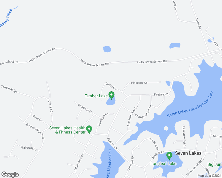 map of restaurants, bars, coffee shops, grocery stores, and more near 115 Timber Drive in Seven Lakes