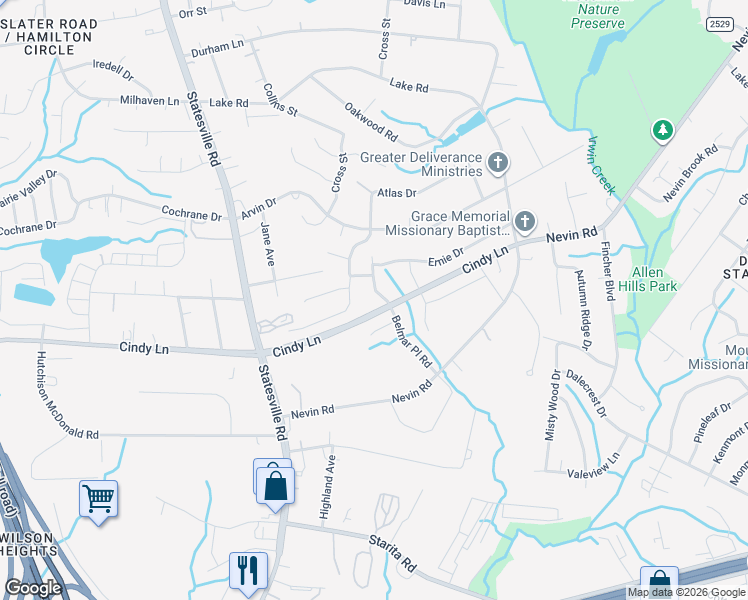map of restaurants, bars, coffee shops, grocery stores, and more near 4733 Belmar Place Road in Charlotte