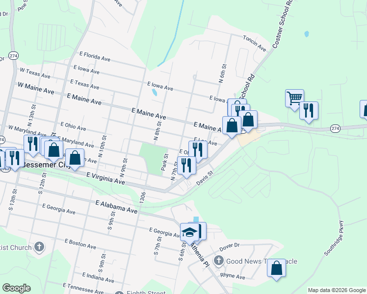 map of restaurants, bars, coffee shops, grocery stores, and more near 603 East Ohio Avenue in Bessemer City