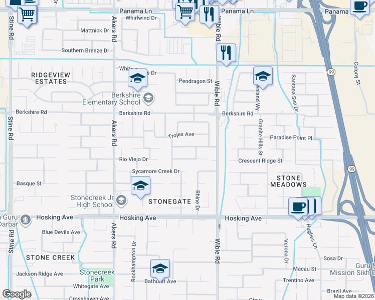 map of restaurants, bars, coffee shops, grocery stores, and more near 3409 Medallion Rose Ave in Bakersfield