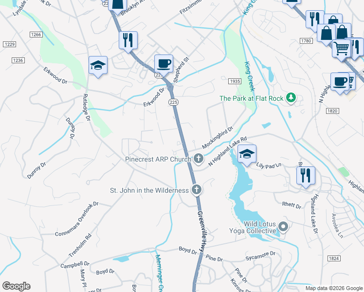 map of restaurants, bars, coffee shops, grocery stores, and more near 108 Malvern Drive in Hendersonville