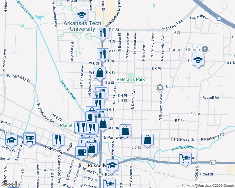 map of restaurants, bars, coffee shops, grocery stores, and more near 129 East H Place in Russellville