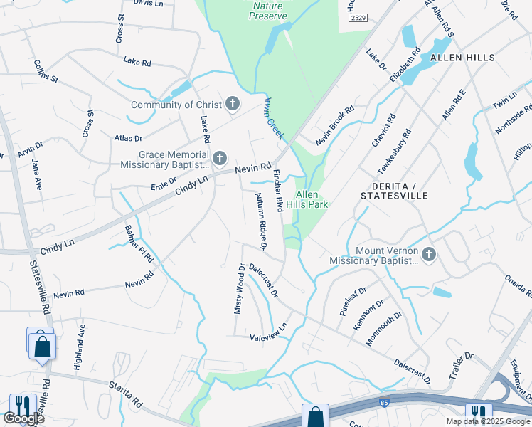 map of restaurants, bars, coffee shops, grocery stores, and more near 3354 Autumn Ridge Drive in Charlotte