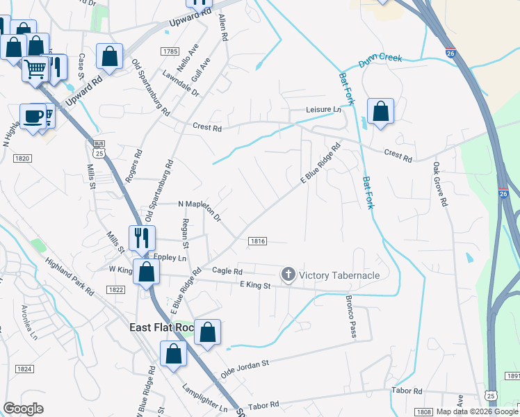 map of restaurants, bars, coffee shops, grocery stores, and more near 102 Tawn Drive in East Flat Rock
