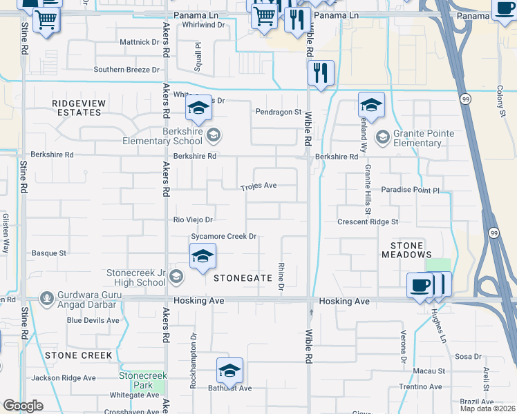 map of restaurants, bars, coffee shops, grocery stores, and more near 3409 Medallion Rose Avenue in Bakersfield
