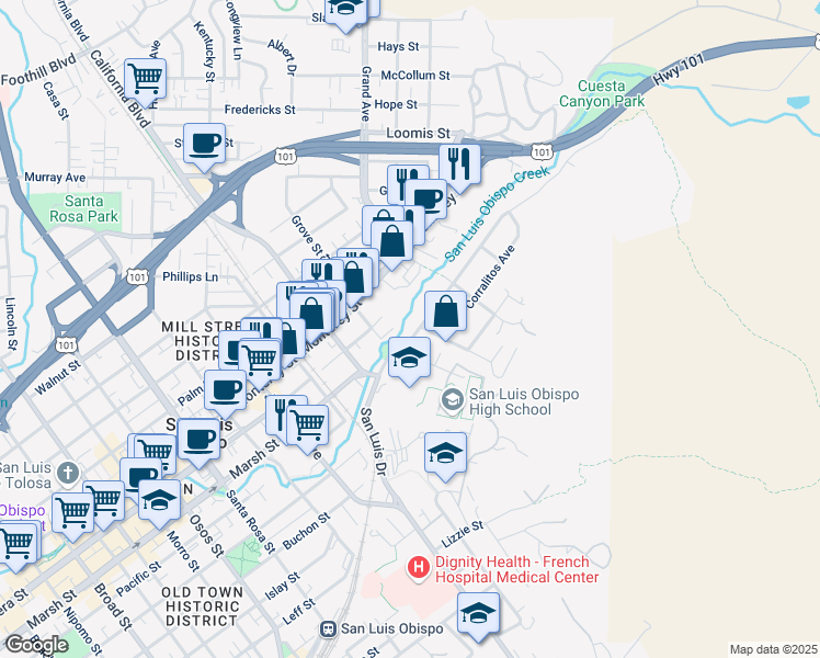 map of restaurants, bars, coffee shops, grocery stores, and more near 1687 San Luis Drive in San Luis Obispo