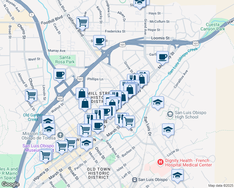 map of restaurants, bars, coffee shops, grocery stores, and more near 1390 Palm Street in San Luis Obispo