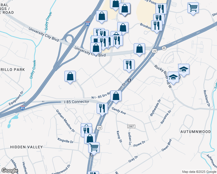 map of restaurants, bars, coffee shops, grocery stores, and more near 7100 MacFarlane Boulevard in Charlotte