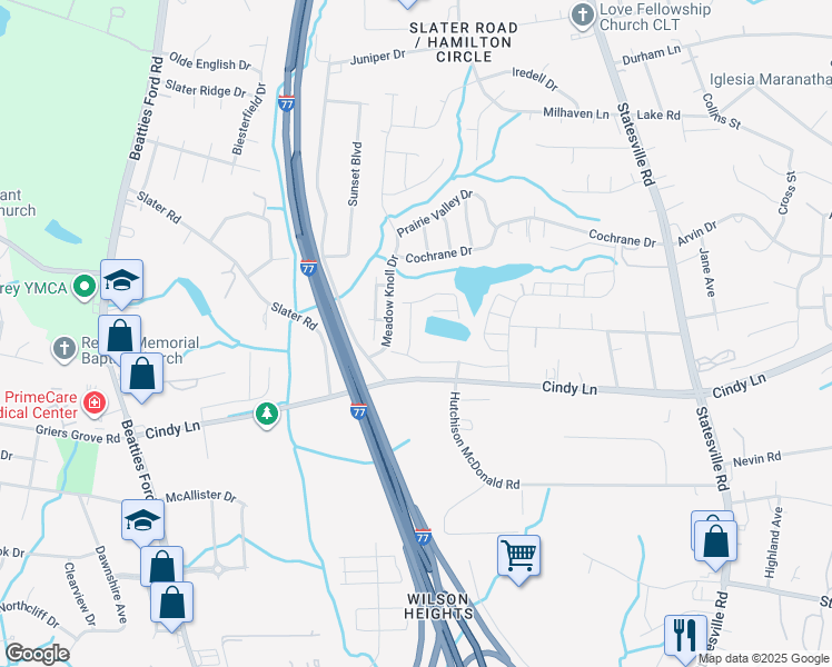 map of restaurants, bars, coffee shops, grocery stores, and more near 2632 Meadow Knoll Drive in Charlotte