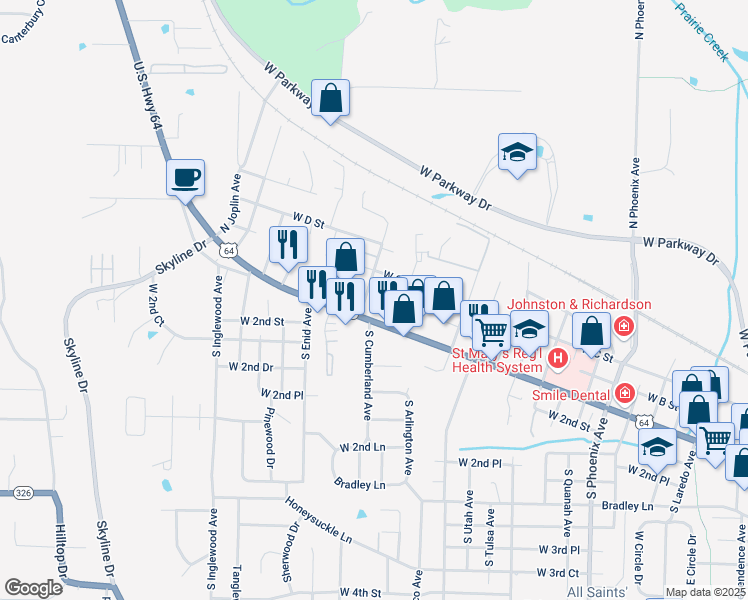 map of restaurants, bars, coffee shops, grocery stores, and more near 2587 W B St in Russellville
