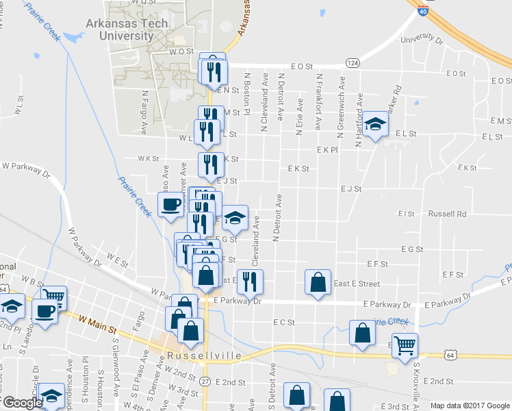 map of restaurants, bars, coffee shops, grocery stores, and more near 801 Cleveland Cove in Russellville