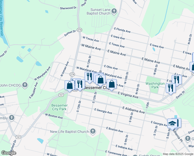 map of restaurants, bars, coffee shops, grocery stores, and more near 104 West Washington Avenue in Bessemer City