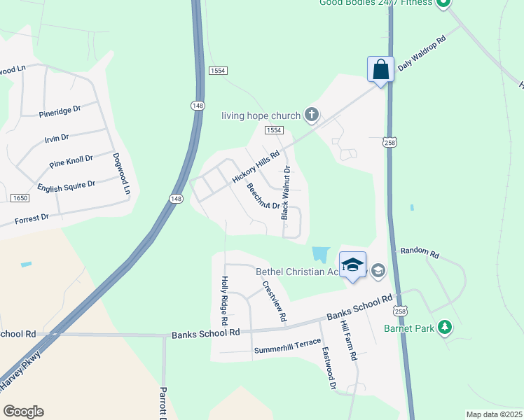 map of restaurants, bars, coffee shops, grocery stores, and more near 2288 Beechnut Drive in Kinston