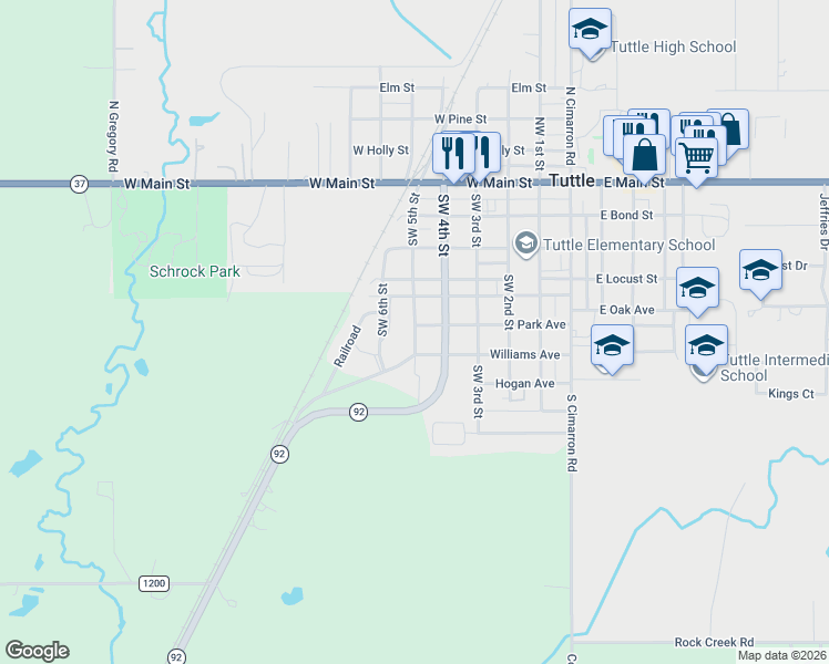 map of restaurants, bars, coffee shops, grocery stores, and more near 502 Southwest 5th Street in Tuttle