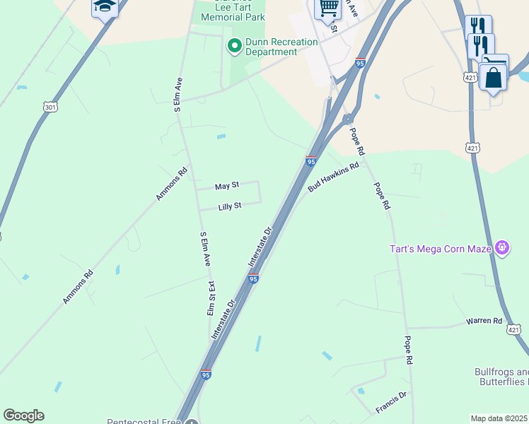 map of restaurants, bars, coffee shops, grocery stores, and more near 1400 Interstate Drive in Dunn