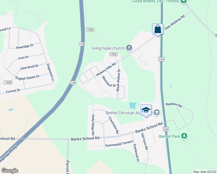 map of restaurants, bars, coffee shops, grocery stores, and more near 2288 Beechnut Drive in Kinston