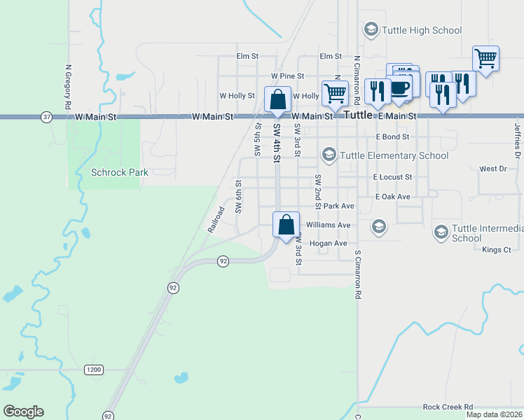 map of restaurants, bars, coffee shops, grocery stores, and more near 502 Southwest 5th Street in Tuttle