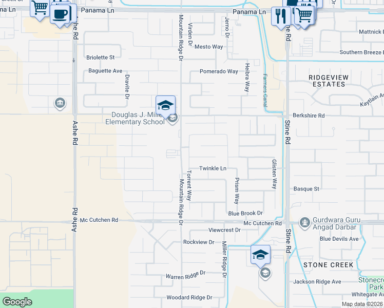 map of restaurants, bars, coffee shops, grocery stores, and more near 5512 Black Pearl Court in Bakersfield