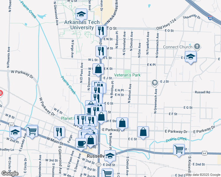 map of restaurants, bars, coffee shops, grocery stores, and more near 129 East H Place in Russellville