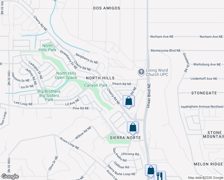 map of restaurants, bars, coffee shops, grocery stores, and more near 1709 Parkview Way Northeast in Rio Rancho