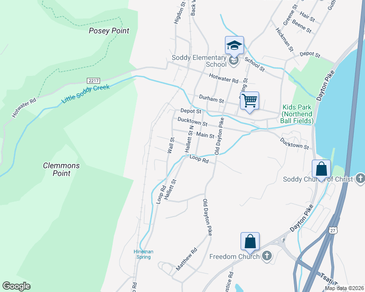 map of restaurants, bars, coffee shops, grocery stores, and more near 344 Clayton Street in Soddy-Daisy